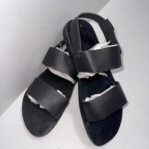 Handmade Qeanne Ghana Kente African Black Leather Tribal Buckle Sandals Size 44